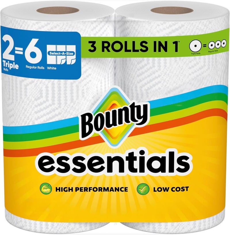 Bounty مناديل ورقية Essentials Select-A-Size، بيضاء، 2 لفات ثلاثية = 6 لفات عادية (قد يختلف التعبئة)  - Image 1