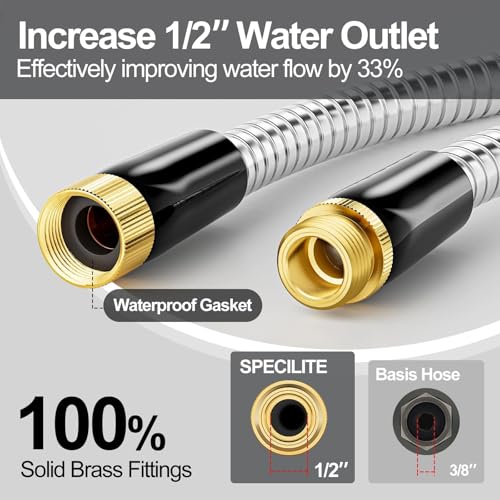 SPECILITE 1/2" 304 Stainless Steel Garden Hose, 50FT Water Pipe with Heavy Duty Metal Nozzle for Yard, Outdoor, Lawn - Flexible, Never Kink & Tangle, Puncture Resistant - Image 3