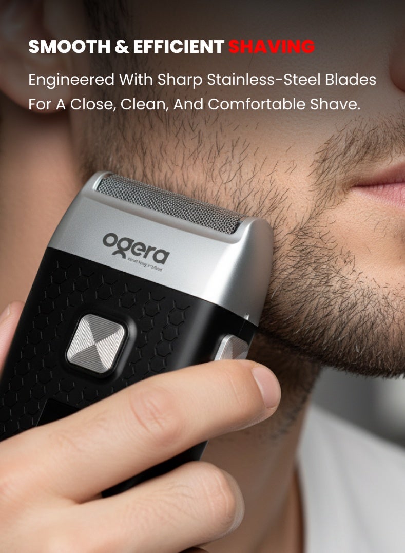Ogera Rechargeable Men Shaver | 90-Minute Runtime | LED Display | Stainless Steel Blades | Floating Foil Head | 600mAh Lithium Battery | Type-C Charging | Smooth & Precise Electric Shaver | 2-Year Warranty | OG2200MS | Silver & Black - Image 2