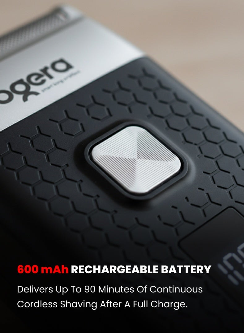 Ogera Rechargeable Men Shaver | 90-Minute Runtime | LED Display | Stainless Steel Blades | Floating Foil Head | 600mAh Lithium Battery | Type-C Charging | Smooth & Precise Electric Shaver | 2-Year Warranty | OG2200MS | Silver & Black - Image 3