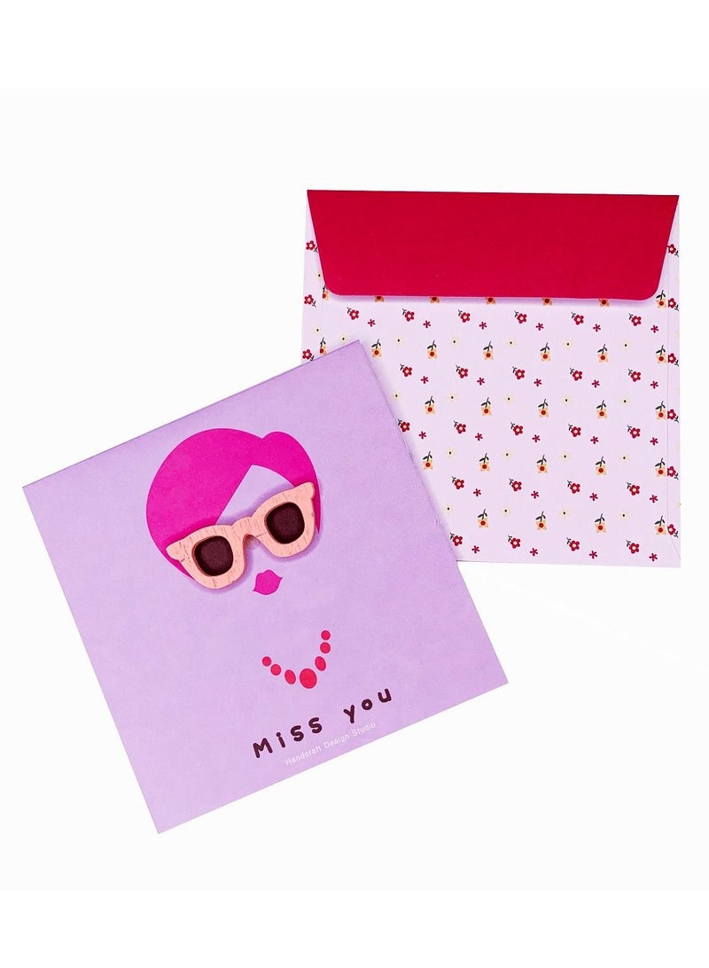 Salla Greeting Card Miss You Text and 3D Wooden Embellishment with Coloured Envelope 10cm - Image 2