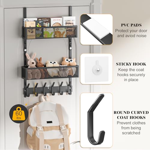LUCYCAZ Adjustable Over The Door Hooks Organizer, Over The Door Towel Rack with 10 Coat Hooks & 2 Mesh Basket, Multi-Purpose Storage for Bathroom, Bedroom, Kitchen (Black) - Image 2