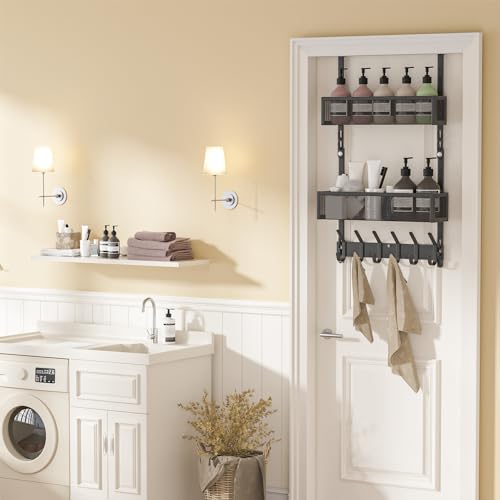 LUCYCAZ Adjustable Over The Door Hooks Organizer, Over The Door Towel Rack with 10 Coat Hooks & 2 Mesh Basket, Multi-Purpose Storage for Bathroom, Bedroom, Kitchen (Black) - Image 4