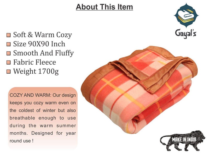 Goyal's Modern Checker All Season Polar Fleece Double Bed Blanket, 90X90 Inches - Rust, 300 TC - Image 3