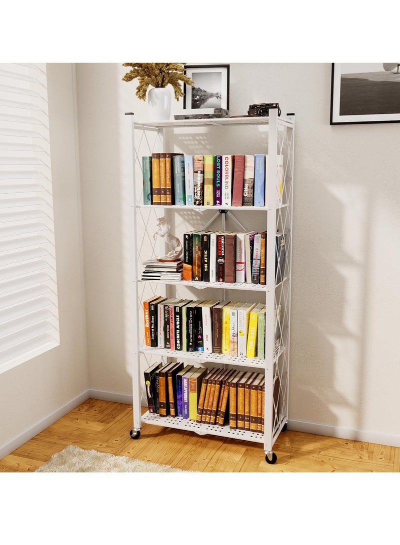 Iron Kitchen Storage Rack 5 Shelves， Foldable Storage Shelves With Wheels, Large Capacity Shelving Unit, Freestanding Metal Wire Shelf Rack, No Assembly Organizer Rack For Garage Kitchen, Basement, Pantry(White) - Image 5