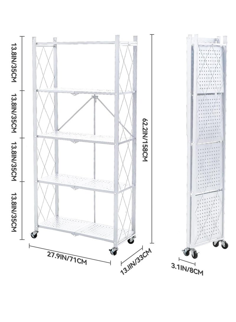Iron Kitchen Storage Rack 5 Shelves， Foldable Storage Shelves With Wheels, Large Capacity Shelving Unit, Freestanding Metal Wire Shelf Rack, No Assembly Organizer Rack For Garage Kitchen, Basement, Pantry(White) - Image 4