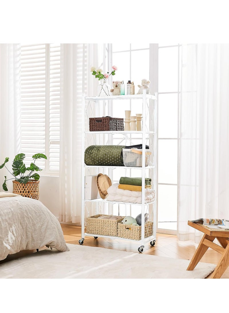 Iron Kitchen Storage Rack 5 Shelves， Foldable Storage Shelves With Wheels, Large Capacity Shelving Unit, Freestanding Metal Wire Shelf Rack, No Assembly Organizer Rack For Garage Kitchen, Basement, Pantry(White) - Image 3