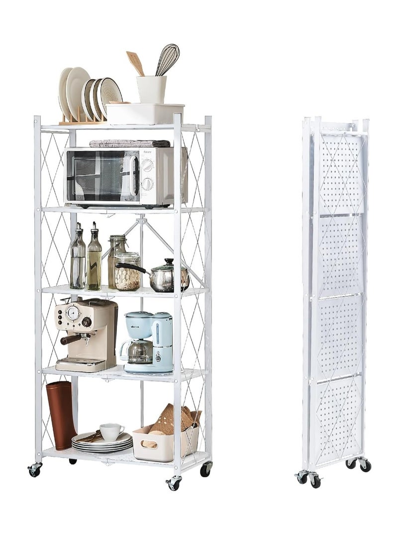 Iron Kitchen Storage Rack 5 Shelves， Foldable Storage Shelves With Wheels, Large Capacity Shelving Unit, Freestanding Metal Wire Shelf Rack, No Assembly Organizer Rack For Garage Kitchen, Basement, Pantry(White) - Image 1