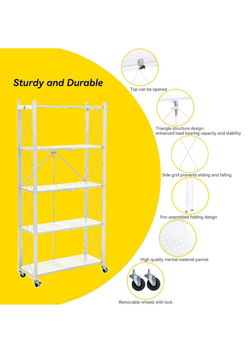 Iron Kitchen Storage Rack 5 Shelves， Foldable Storage Shelves With Wheels, Large Capacity Shelving Unit, Freestanding Metal Wire Shelf Rack, No Assembly Organizer Rack For Garage Kitchen, Basement, Pantry(White) - Image 2