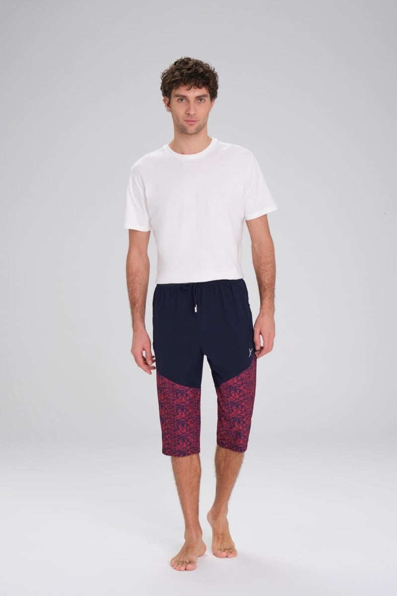 Haşema Navy Blue Red Men's Long Men's Pool and Sea Shorts with Burkini Pattern 24-5 - Image 1