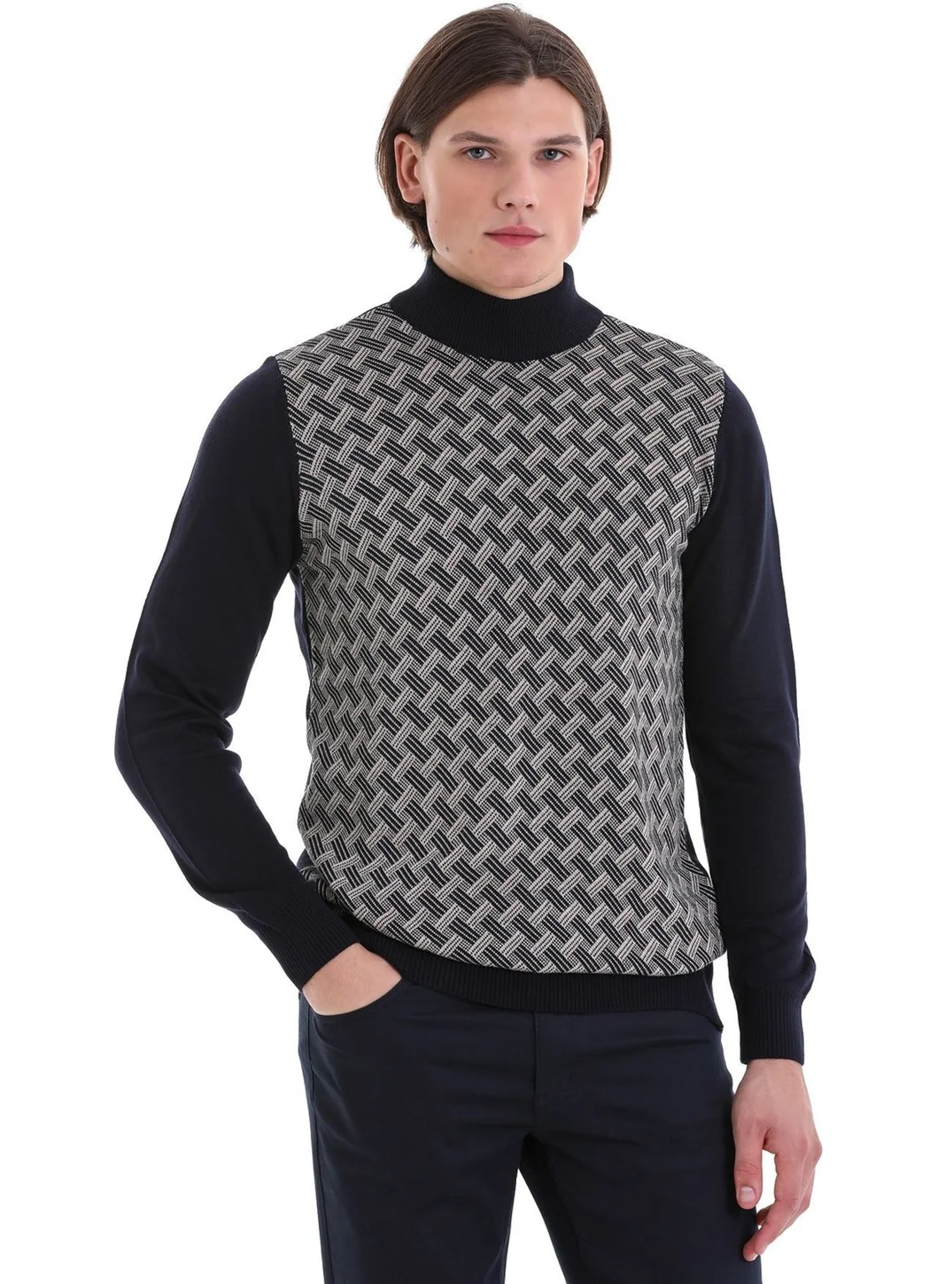 Hatemoğlu Navy Blue Regular Fit Jacquard Half Turtleneck Knitwear Sweater