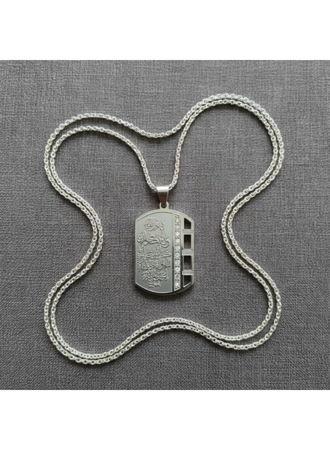 DubaiGallery قلادة آية الكرسي للرجال - علامة إسلامية من الفولاذ المقاوم للصدأ مع لمسات كريستالية، مجوهرات حماية روحية، قلادة آية الكرسي الفضية - قلادة إسلامية من الفولاذ المقاوم للصدأ مع كريستالات مقطوعة بالماس وخط عربي، قلادة هدية إسلامية - قلادة آية الكرسي من الفولاذ المقاوم للصدأ مع سلسلة، مجوهرات آية قرآنية منقوشة للرجال والنساء - Image 3