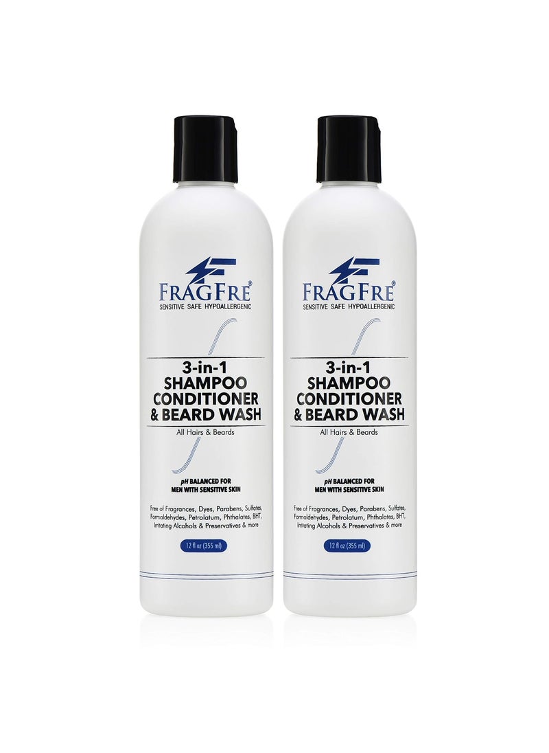 FRAGFRE 3 in 1 Shampoo Conditioner and Beard Wash for Men 12 oz 2Pack Gift Set  Unscented Beard Wash for Sensitive Skin  One Step Hair Beard Cleansing and Conditioning  Saves You Time and Money 