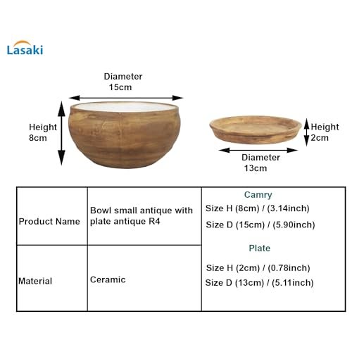 Lasaki Bowl Small Ceramic Planter with 4-inch Tray (Antique) | Mini Flower Pot/gamla for Indoor & Outdoor Garden, Balcony & Office Décor | (Bowl: H-8cm X D-15cm, Tray: H-2cm X D-13cm) (Antique_2) - Image 2