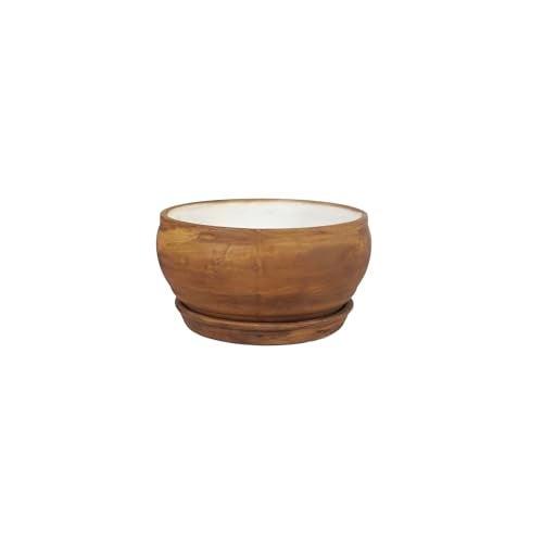 Lasaki Bowl Small Ceramic Planter with 4-inch Tray (Antique) | Mini Flower Pot/gamla for Indoor & Outdoor Garden, Balcony & Office Décor | (Bowl: H-8cm X D-15cm, Tray: H-2cm X D-13cm) (Antique_2) - Image 1