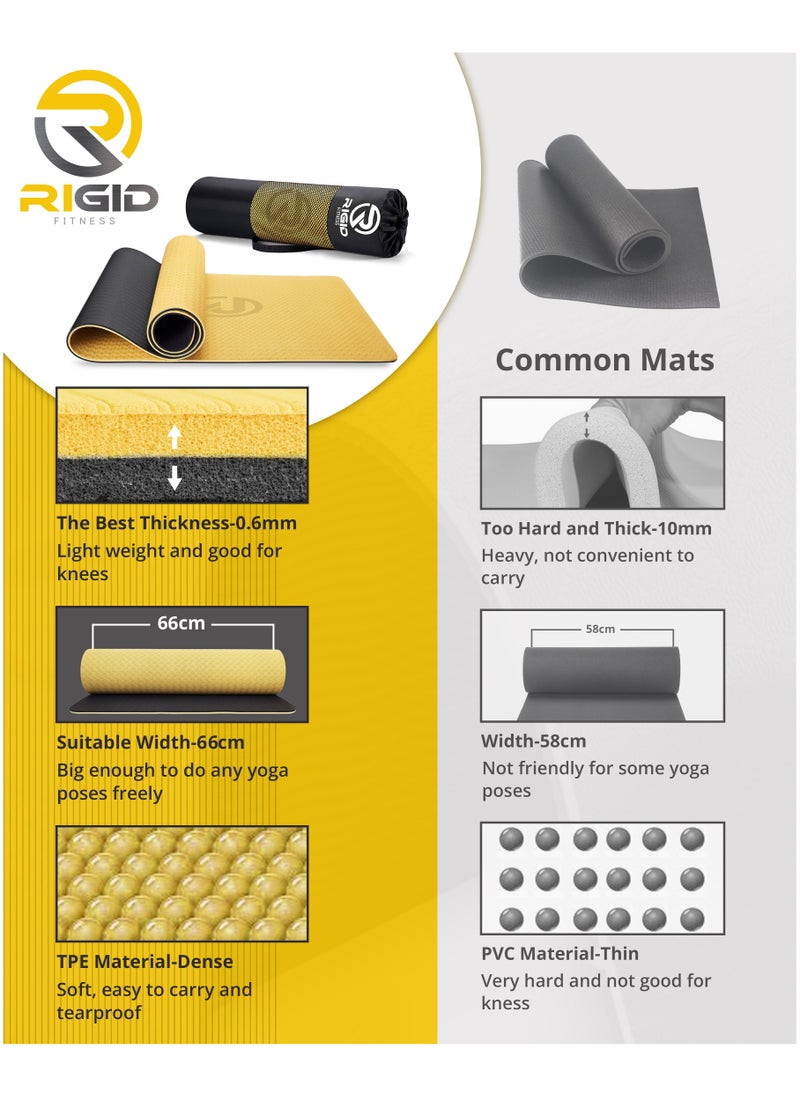 RIGID FITNESS - 6mm Anti-Slip TPE Yoga Mat with Strap, Bag - Knee Support, Non-Slip, Lightweight for Yoga, Pilates, Fitness, Home Workouts 183*66 cm (Gold/Black) - Image 1