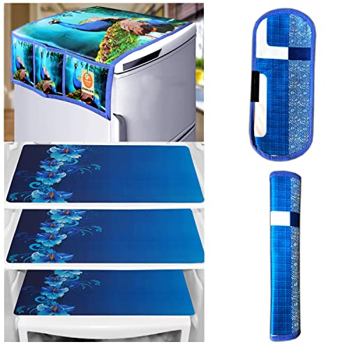 KANUSHI Industries® 1Pc Fridge Cover for Top with 6 Utility Pockets + 2 Handles Covers + 3 Fridge Mats (FRI-Blue-Peacock+2-Handle+M-8-03) - Image 1