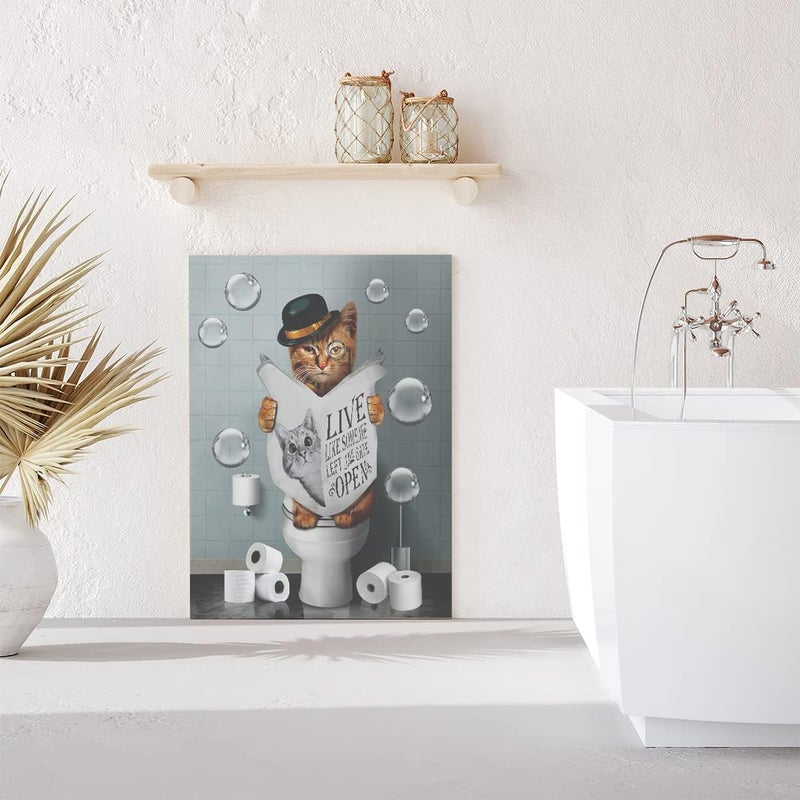 Kateflower Bathroom Decor Canvas Wall Art Cute Cat Sitting in Toilet Reading Newspaper Pictures Farmhouse Bathroom Animals Wall Decor Painting for Bathroom Toilet Artwork Framed 12"x16" - Image 4