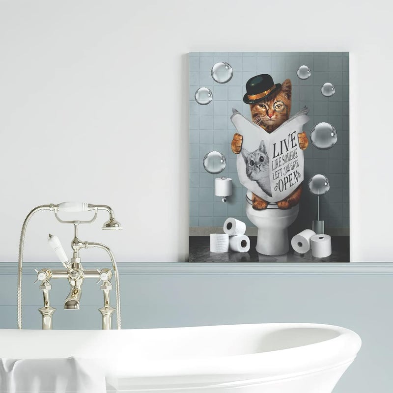 Kateflower Bathroom Decor Canvas Wall Art Cute Cat Sitting in Toilet Reading Newspaper Pictures Farmhouse Bathroom Animals Wall Decor Painting for Bathroom Toilet Artwork Framed 12"x16" - Image 3