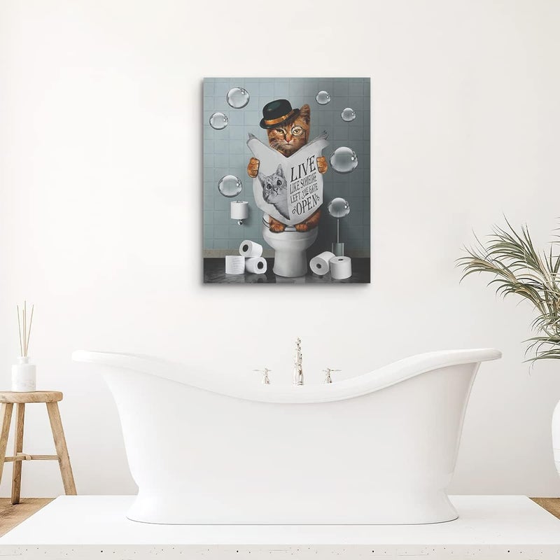 Kateflower Bathroom Decor Canvas Wall Art Cute Cat Sitting in Toilet Reading Newspaper Pictures Farmhouse Bathroom Animals Wall Decor Painting for Bathroom Toilet Artwork Framed 12"x16" - Image 5