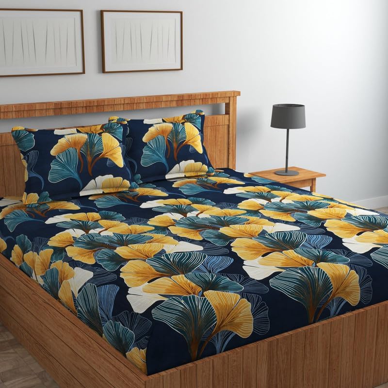 DECOREZA Cotton Feel Glace Cotton Elastic Fitted Printed King Size Double Bed Bedsheet with 2 Pillow Covers and Fits Upto 8 inches Mattress, Size- 72"x78" (Green Booti), 240 TC - Image 1