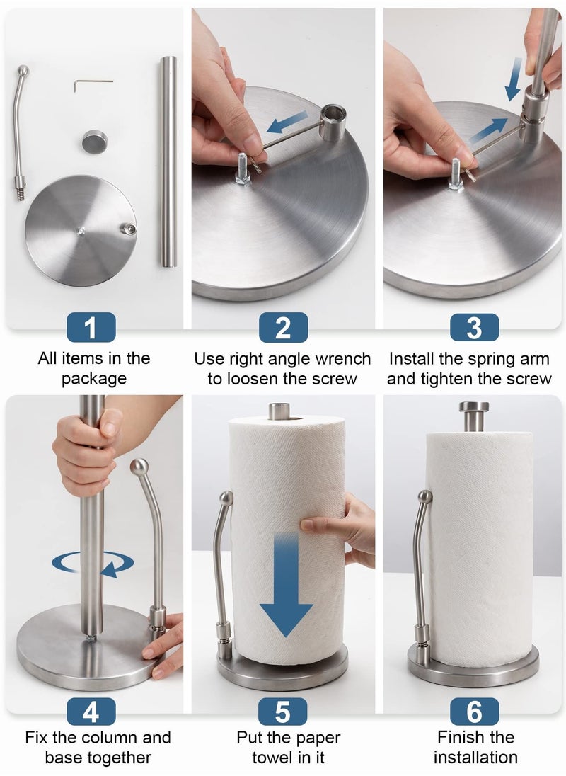 Excefore - Paper Towel Holder for One Hand Tear, Paper Towel Dispenser Standing Weighted Base Non Slip, Spring Arm Fit Most Size Paper Roll, Stainless Steel Paper Towel for Kitchen Countertop(Silver) - Image 1