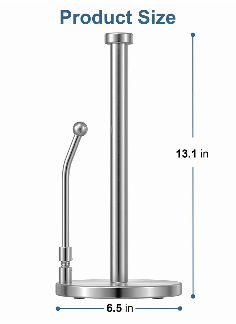 Excefore - Paper Towel Holder for One Hand Tear, Paper Towel Dispenser Standing Weighted Base Non Slip, Spring Arm Fit Most Size Paper Roll, Stainless Steel Paper Towel for Kitchen Countertop(Silver) - Image 1