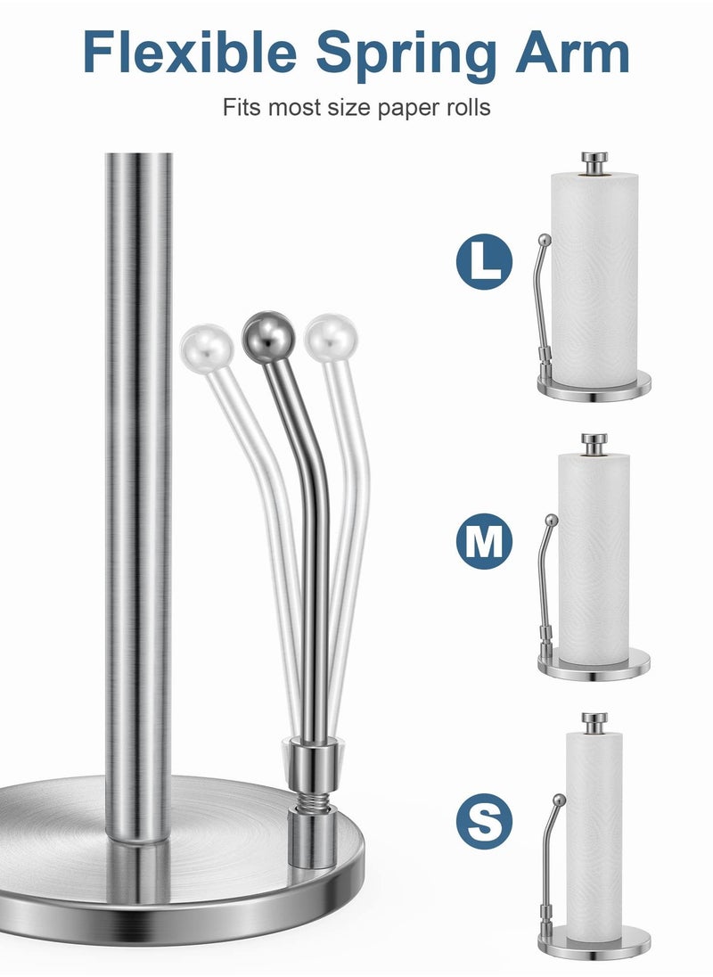 Excefore - Paper Towel Holder for One Hand Tear, Paper Towel Dispenser Standing Weighted Base Non Slip, Spring Arm Fit Most Size Paper Roll, Stainless Steel Paper Towel for Kitchen Countertop(Silver) - Image 1