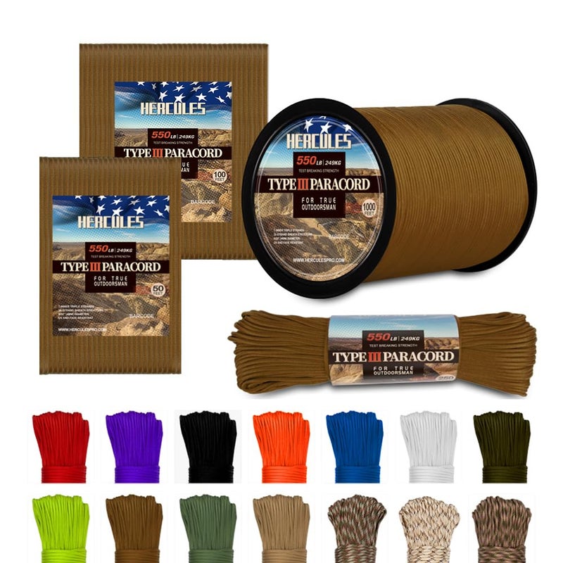 HERCULES Type III Paracord 550 Paracord Rope Parachute Cord, 50' Coyote Brown for Camping Cord, Survival Rope - Image 1