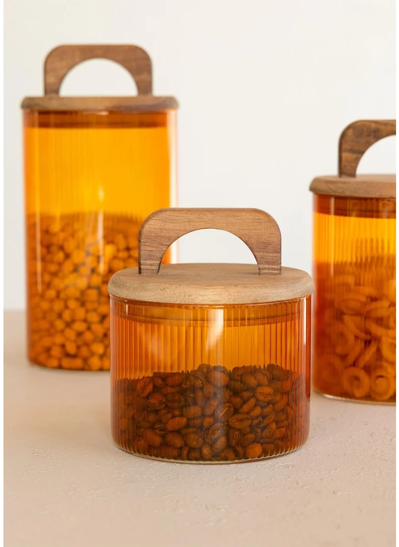 The Mia Acacia Handle Glass Jar Amber 350 ml