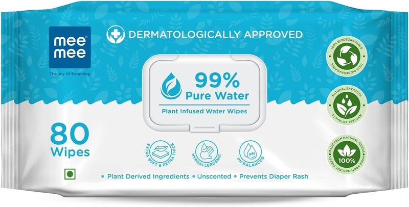 Mee Mee Pure Water Wet Wipes with Lid - 80pcs, Unscented, Plant Derived, Super Thick Baby Wipes