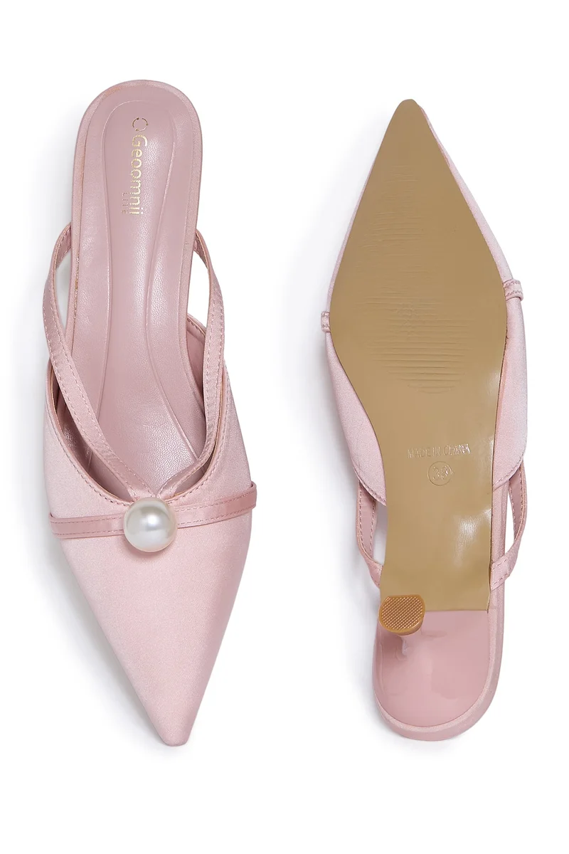 Geoomnii PINK Geoomnii Mid Heel Mules for Women – Stylish Backless Slip-On Heels for Office, Party & Everyday Wear for Women | Best Price UAE