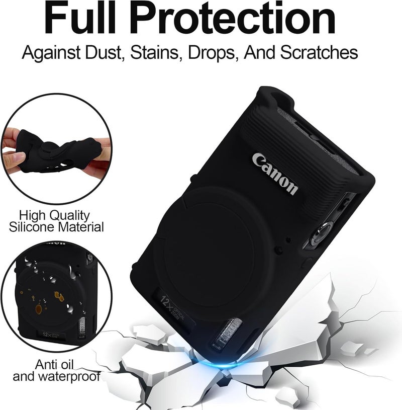 إيزي هود حافظة لكاميرا Canon PowerShot IXY 650/ELPH 360، غطاء كاميرا سيليكون ناعم مع غطاء عدسة قابل للإزالة، حافظة واقية رفيعة مضادة للخدش لحمل الكاميرا، غطاء جلدي لجسم الكاميرا (أسود) - Image 3