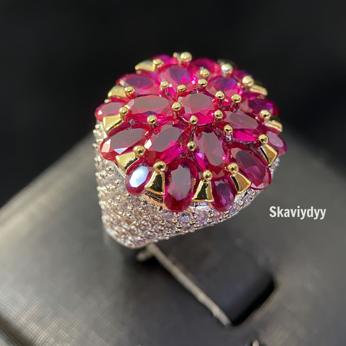 Generic Vintage Floral Red Corundum Open Ring with High-Carbon Stone ...