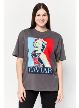 Women Crew Neck Short Sleeves Graphic Print T-Shirt, Grey