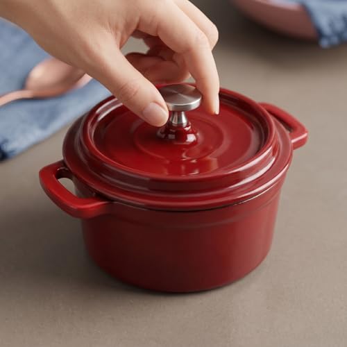 Flavehc Mini Cocotte 16 oz Mini Dutch Oven 0.5 qt. Cast Iron Garlic Roaster for Oven Garlic Confit Pot Ramekins with Lids Oven Safe Set of 2, Red - Image 2