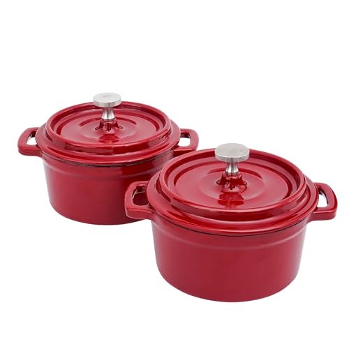 Flavehc Mini Cocotte 16 oz Mini Dutch Oven 0.5 qt. Cast Iron Garlic Roaster for Oven Garlic Confit Pot Ramekins with Lids Oven Safe Set of 2, Red - Image 1
