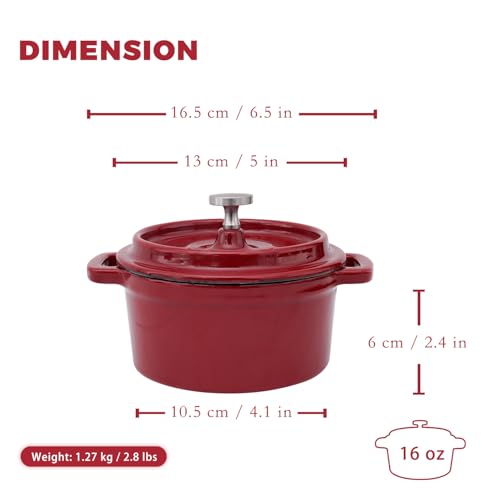 Flavehc Mini Cocotte 16 oz Mini Dutch Oven 0.5 qt. Cast Iron Garlic Roaster for Oven Garlic Confit Pot Ramekins with Lids Oven Safe Set of 2, Red - Image 3