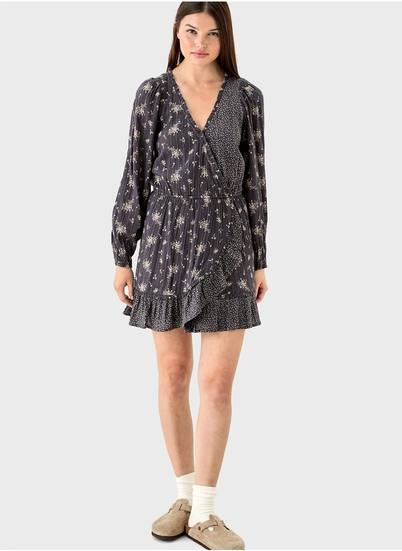 American Eagle Printed Ruffle Detail Wrap Dress