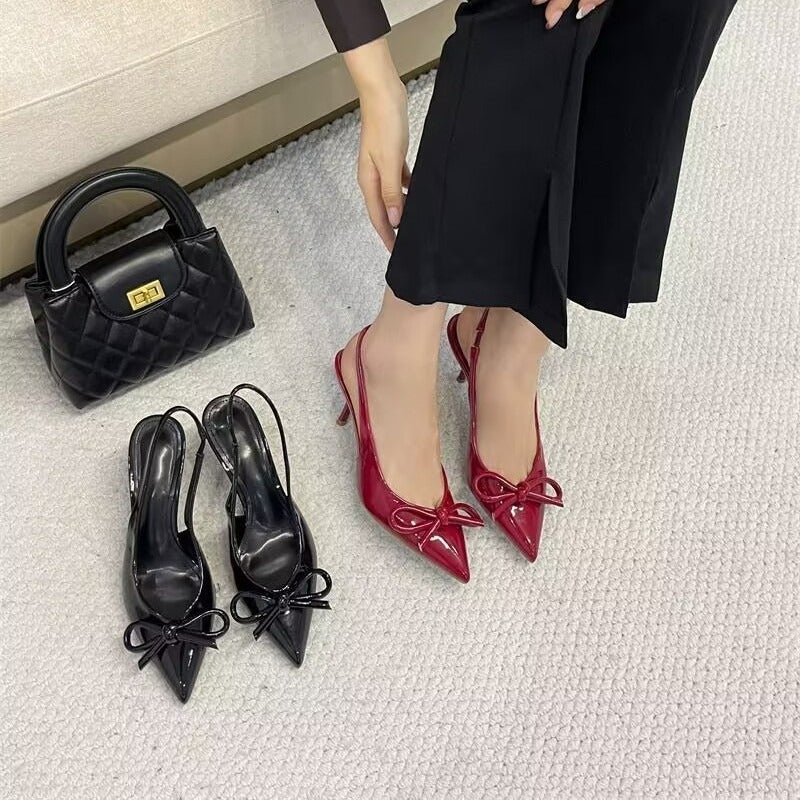 Popular Bow High Heels, Patent Leather Stiletto Heels, Beautiful Pointed Toes, Fashionable And Gentle Temperament High Heel Sandals - Image 3