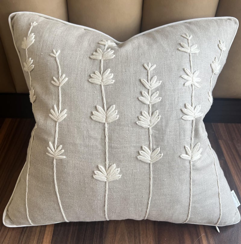 غطاء وسادة مزين بالخرز من VAGMINE بتصميم زهرة الأقحوان مطرزة يدويًا 18x18 بوصة مربع 100% كتان طبيعي غطاء وسادة زخرفي للكنبة والأريكة والسرير بتطريز محكم تصميم بوهو زهور للديكور المنزلي