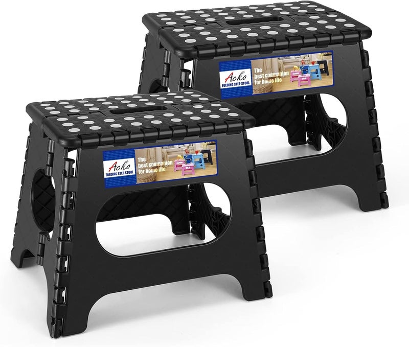 Acko Folding Step Stool Lightweight Plastic Step Stool - 11" Height - 2 Pack - Foldable Step Stool for Kids and Adults, Non Slip Folding Stools for Kitchen Bathroom Bedroom (Black, 2 Pack) - Image 1