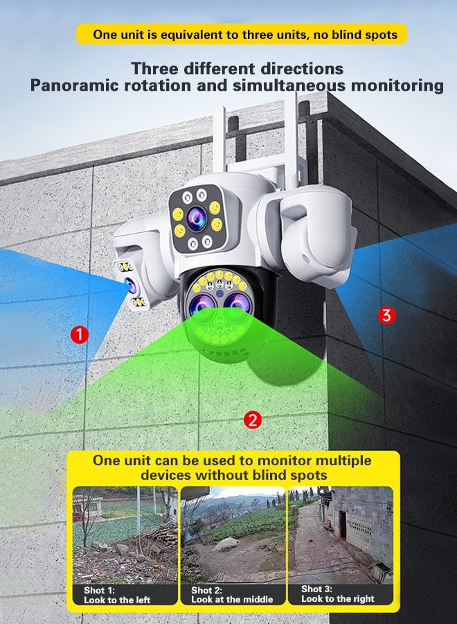 DIFANG 8K WiFi HD night vision camera, four-lens three-screen 10x zoom surveillance camera, free 64GB card, IPP66 waterproof, two-way voice, 360° rotation without blind spot monitoring, full-color night vision  - Image 2
