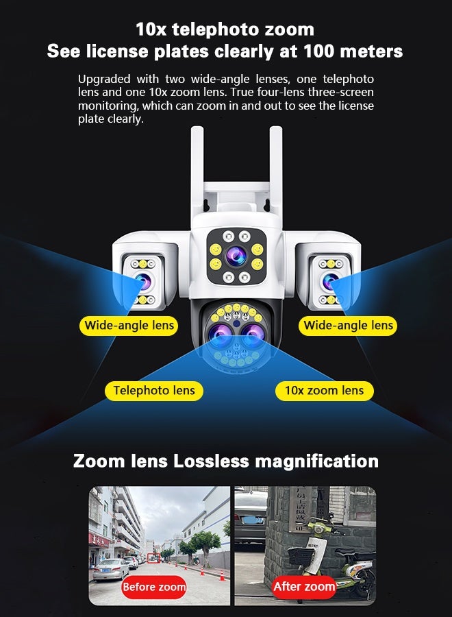 DIFANG 8K WiFi HD night vision camera, four-lens three-screen 10x zoom surveillance camera, free 64GB card, IPP66 waterproof, two-way voice, 360° rotation without blind spot monitoring, full-color night vision  - Image 4