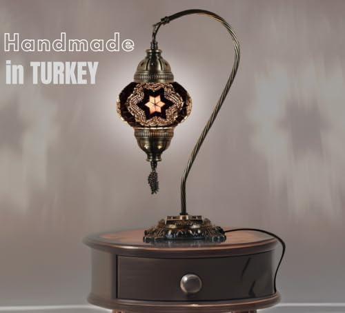 DEMMEX Turkish Moroccan Mosaic Table Lamp Handcrafted TiffanyStyle Colorful Glass Swan Neck Bedside Desk Table Light Boho Artisan Accent Lighting for Bedroom or Living Room 15 H Black White - Image 3