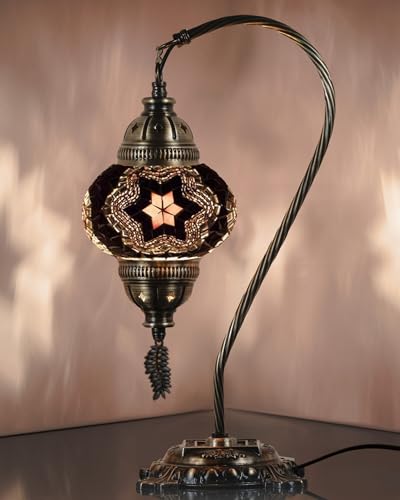 DEMMEX Turkish Moroccan Mosaic Table Lamp Handcrafted TiffanyStyle Colorful Glass Swan Neck Bedside Desk Table Light Boho Artisan Accent Lighting for Bedroom or Living Room 15 H Black White - Image 1