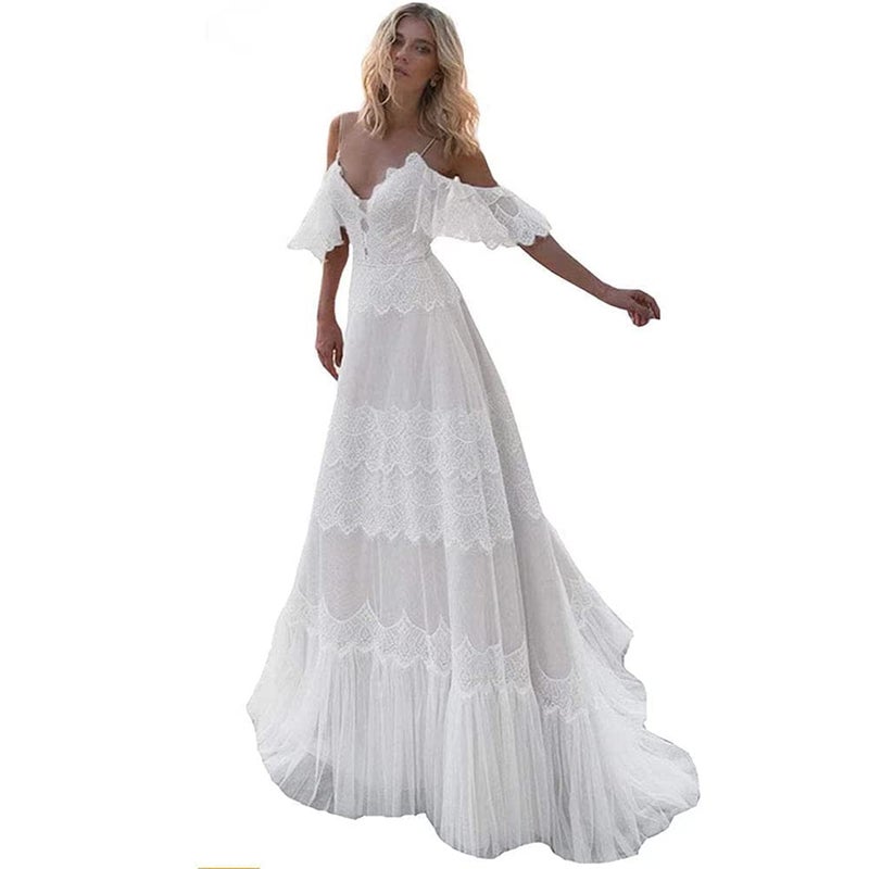 Sorayan Womens Wedding Dresses Chic Lace Evening Dresses V Neck Ruffle Sleeves Beachy Boho Outdoorsy Wedding GownsWhiteS - Image 3