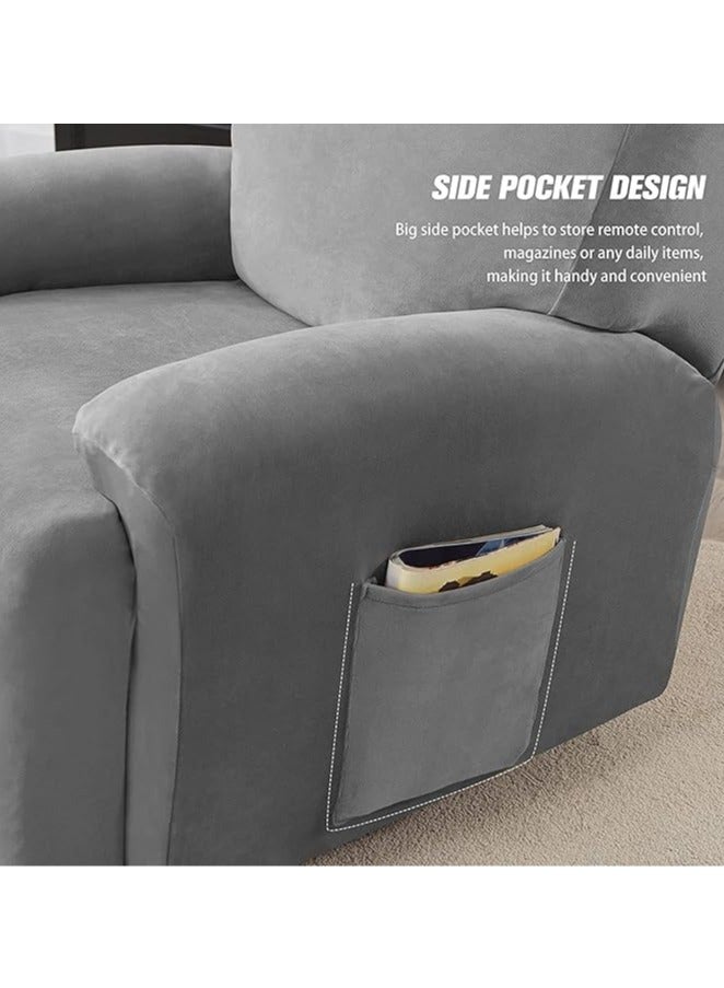 general 4-piece velvet chaise longue cover, stretch velvet lounge chair cover for living room with side pockets, TV chair protector, seat width 58-89 cm (grey) - Image 4