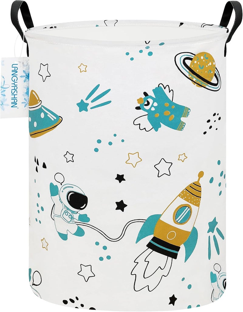 LANGYASHAN Storage Bin, Canvas Fabric Collapsible Organizer Basket for Laundry Hamper,Toy Bins,Gift Baskets, Bedroom, Clothes,Baby Nursery (Round Space Astronaut) - Image 1