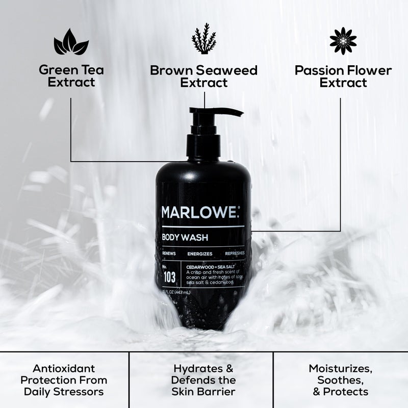 MARLOWE. No. 103 Body Wash 15 oz Pump, Cedarwood + Sea Salt, Energizing & Refreshing Shower Gel, Willow Bark & Green Tea Extracts, Cleanses, Moisturizes, Smooths & Nourishes, Fresh & Zesty Scent - Image 3